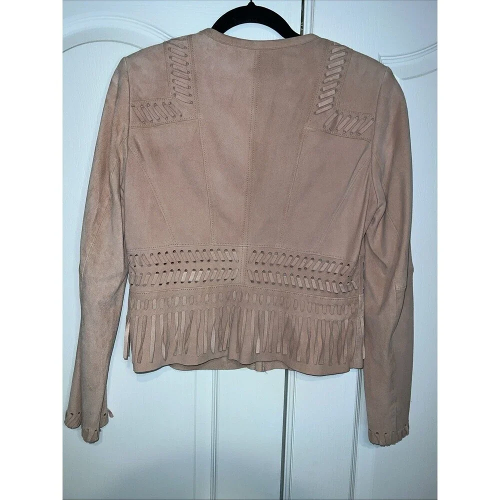 WHITE HOUSE BLACK MARKET Women Fringe Leather Suede Jacket Small Light Pink Boho - Picture 9 of 16